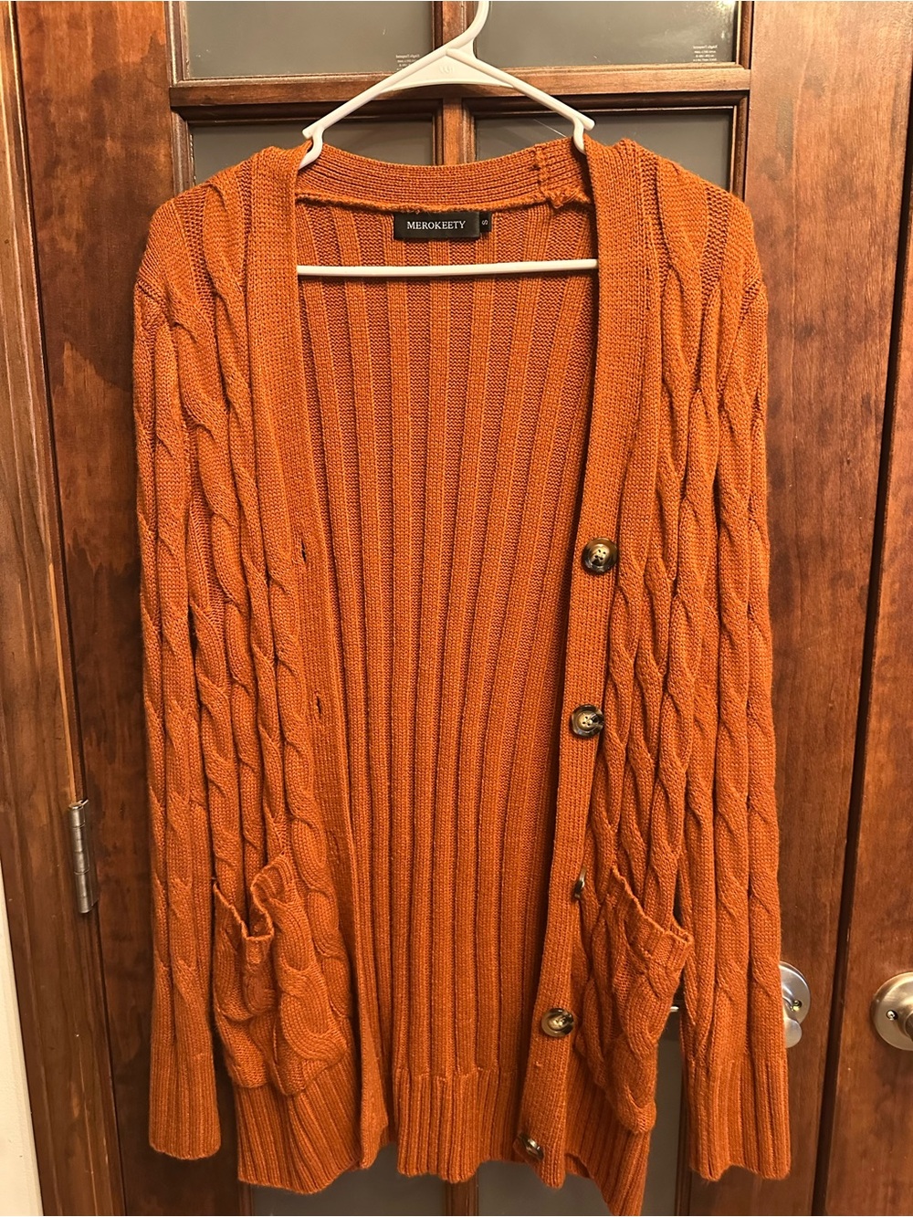 Merokeety Rust Cable-Knit Button Cardigan